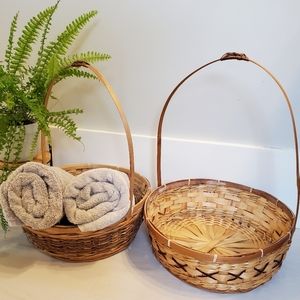 2 Pc Vintage Wicker Gathering Easter Basket With Long Handle Set